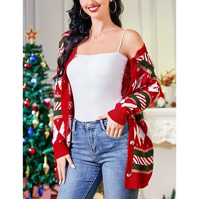 Women's Christmas Knit Cardigan Long Sleeve Button Down Festive Sweater