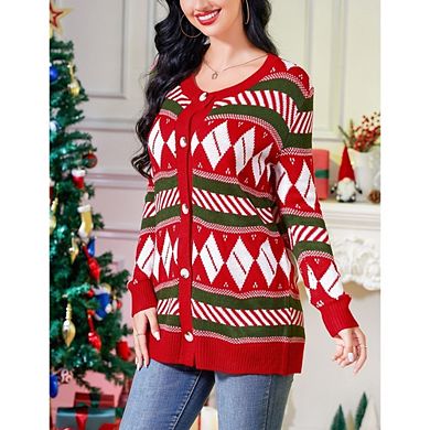Women's Christmas Knit Cardigan Long Sleeve Button Down Festive Sweater
