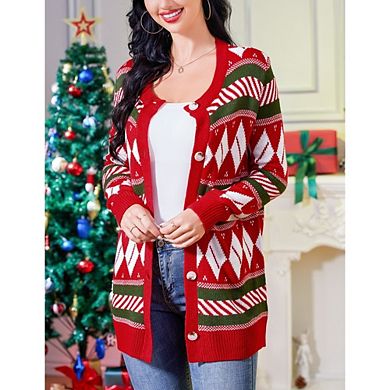 Women's Christmas Knit Cardigan Long Sleeve Button Down Festive Sweater