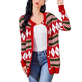 Women's Christmas Knit Cardigan Long Sleeve Button Down Festive Sweater