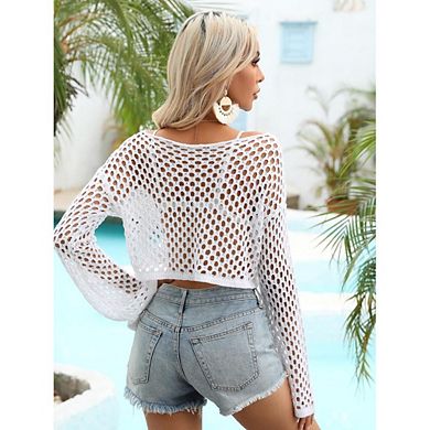 Women's Crochet Cropped Top Long Sleeve Open Knit Bell Sleeve Pullover