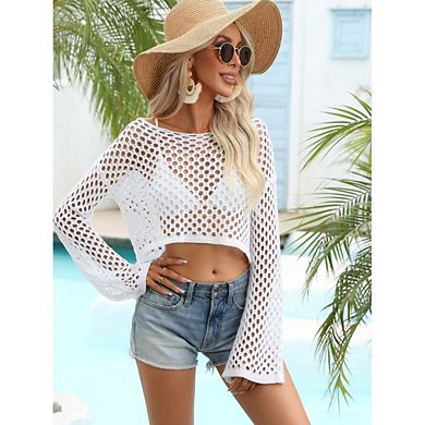 Women's Crochet Cropped Top Long Sleeve Open Knit Bell Sleeve Pullover