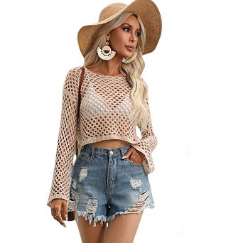 Women's Crochet Cropped Top Long Sleeve Open Knit Bell Sleeve Pullover