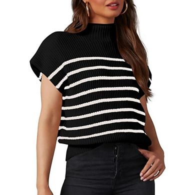 Women's Striped Knit Sweater Vest Mock Neck Sleeveless Casual Pullover