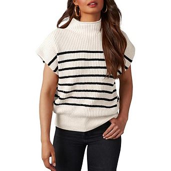 Women's Striped Knit Sweater Vest Mock Neck Sleeveless Casual Pullover