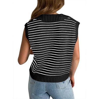 Women's Striped Knit Polo Vest Cap Sleeve Casual Top