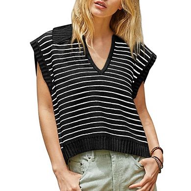 Women's Striped Knit Polo Vest Cap Sleeve Casual Top