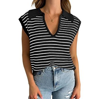 Women's Striped Knit Polo Vest Cap Sleeve Casual Top