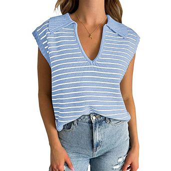 Women's Striped Knit Polo Vest Cap Sleeve Casual Top