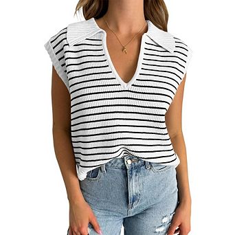 Women's Striped Knit Polo Vest Cap Sleeve Casual Top