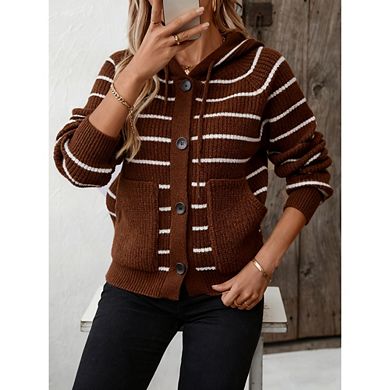 Women's Striped Hooded Knit Cardigan Long Sleeve Button Down Sweater