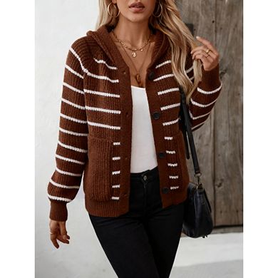 Women's Striped Hooded Knit Cardigan Long Sleeve Button Down Sweater