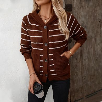 Women's Striped Hooded Knit Cardigan Long Sleeve Button Down Sweater