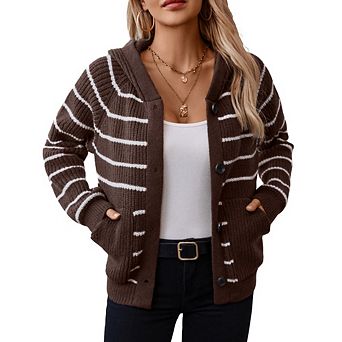 Women's Striped Hooded Knit Cardigan Long Sleeve Button Down Sweater