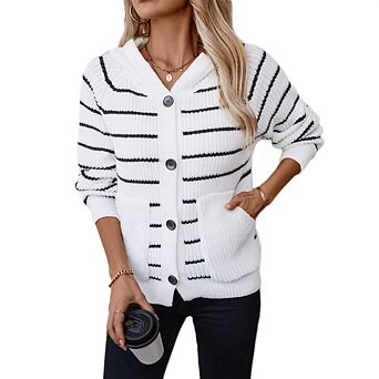 Women's Striped Hooded Knit Cardigan Long Sleeve Button Down Sweater