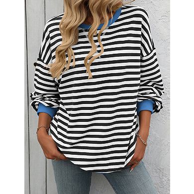 Women's Striped Oversized Long Sleeve Sweatshirt Casual Pullover