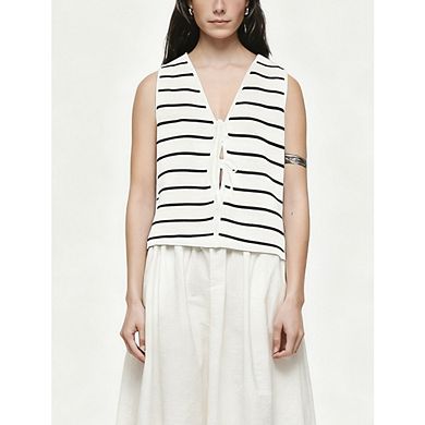 Women's Striped Knit Tie Front Vest Casual Sleeveless V Neck Top