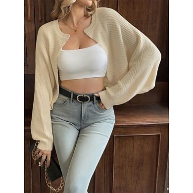 Women's Ribbed Knit Open Front Cropped Cardigan Long Sleeve Shrug