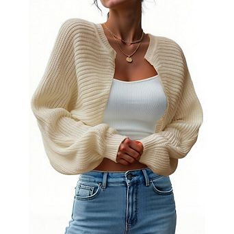 Women's Ribbed Knit Open Front Cropped Cardigan Long Sleeve Shrug