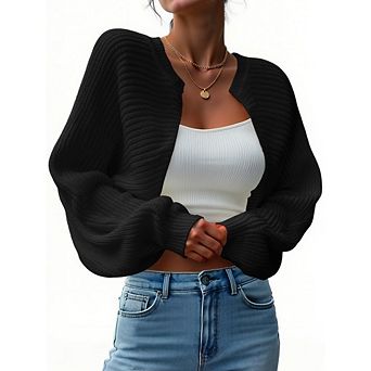 Women's Ribbed Knit Open Front Cropped Cardigan Long Sleeve Shrug