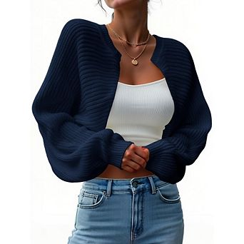 Women's Ribbed Knit Open Front Cropped Cardigan Long Sleeve Shrug