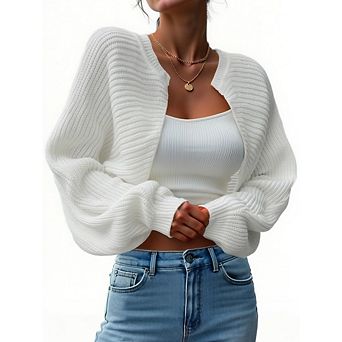 Women's Ribbed Knit Open Front Cropped Cardigan Long Sleeve Shrug