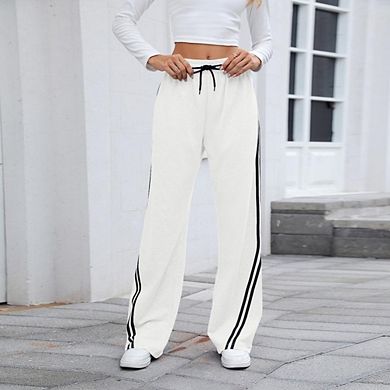 Women's Side Stripe Wide Leg Pants Casual Drawstring Trousers