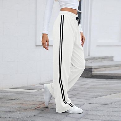 Women's Side Stripe Wide Leg Pants Casual Drawstring Trousers