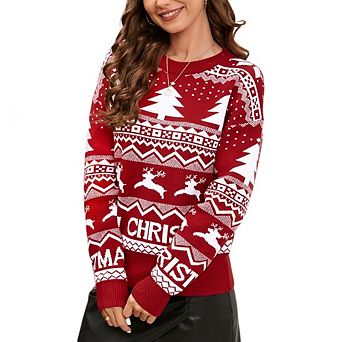 Women's Christmas Tree Reindeer Print Knit Sweater Casual Pullover