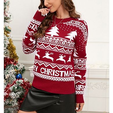 Women's Christmas Tree Reindeer Print Knit Sweater Casual Pullover
