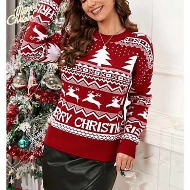 Women's Christmas Tree Reindeer Print Knit Sweater Casual Pullover