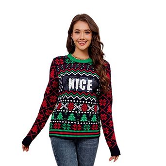 Women's Sequin Flip Christmas Knit Sweater Long Sleeve Pullover
