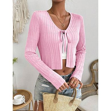 Women's Pointelle Knit Tie Front Cardigan Slim Fit Long Sleeve Top
