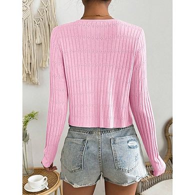 Women's Pointelle Knit Tie Front Cardigan Slim Fit Long Sleeve Top