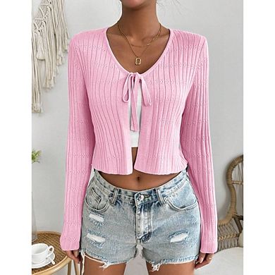 Women's Pointelle Knit Tie Front Cardigan Slim Fit Long Sleeve Top