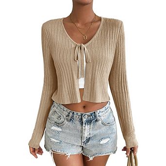 Women's Pointelle Knit Tie Front Cardigan Slim Fit Long Sleeve Top