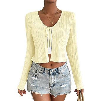Women's Pointelle Knit Tie Front Cardigan Slim Fit Long Sleeve Top