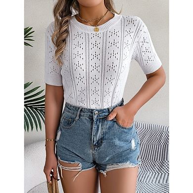 Women's Eyelet Knit Short Sleeve Sweater Lightweight Casual Top