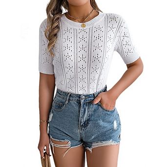 Women's Eyelet Knit Short Sleeve Sweater Lightweight Casual Top