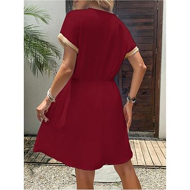 Women's Contrast Lace Mini Dress Ruffle Sleeve V Neck Boho Beach Vacation Summer Dresses