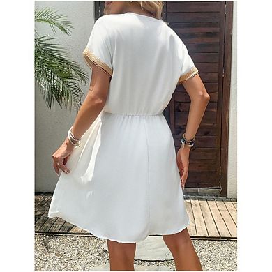 Women's Contrast Lace Mini Dress Ruffle Sleeve V Neck Boho Beach Vacation Summer Dresses