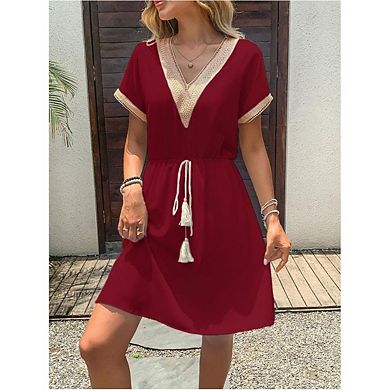 Women's Contrast Lace Mini Dress Ruffle Sleeve V Neck Boho Beach Vacation Summer Dresses