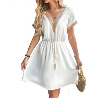 Women's Contrast Lace Mini Dress Ruffle Sleeve V Neck Boho Beach Vacation Summer Dresses