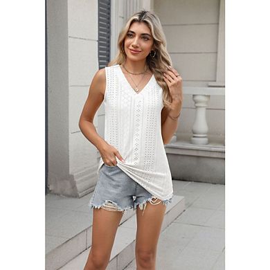 Women's Eyelet V Neck Sleeveless Tank Tops Casual Summer Blouses
