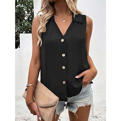 Women's Sleeveless Button Down Shirts V Neck Collared Tank Tops Casual Summer Blouses