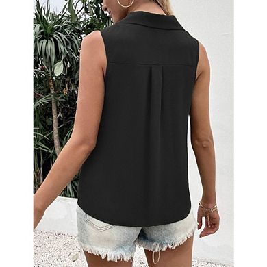 Women's Sleeveless Button Down Shirts V Neck Collared Tank Tops Casual Summer Blouses