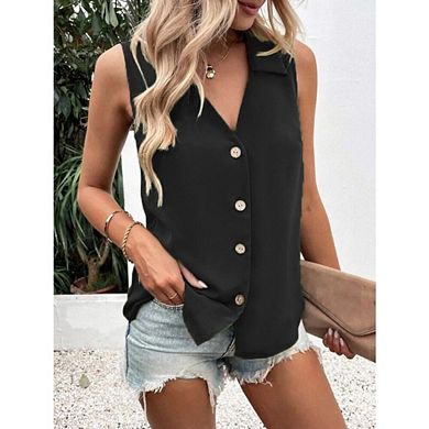 Women's Sleeveless Button Down Shirts V Neck Collared Tank Tops Casual Summer Blouses