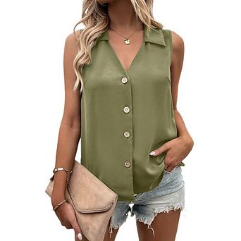 Women's Sleeveless Button Down Shirts V Neck Collared Tank Tops Casual Summer Blouses