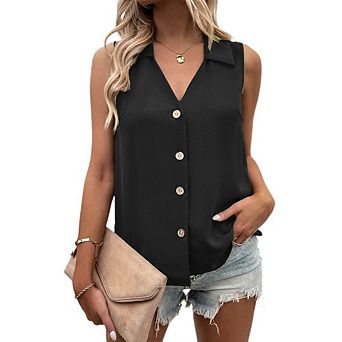 Women's Sleeveless Button Down Shirts V Neck Collared Tank Tops Casual Summer Blouses