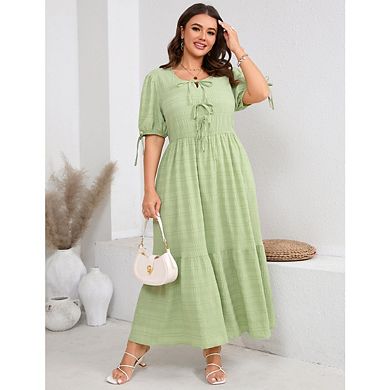 Plus Size for Women Summer Dresses Casual Drawstring Short Sleeve Smocked Tiered Boho Maxi Dress